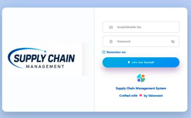 SCMS sign-in screen with Supply Chain Management branding, email and password fields, and a Let's Get Started button.